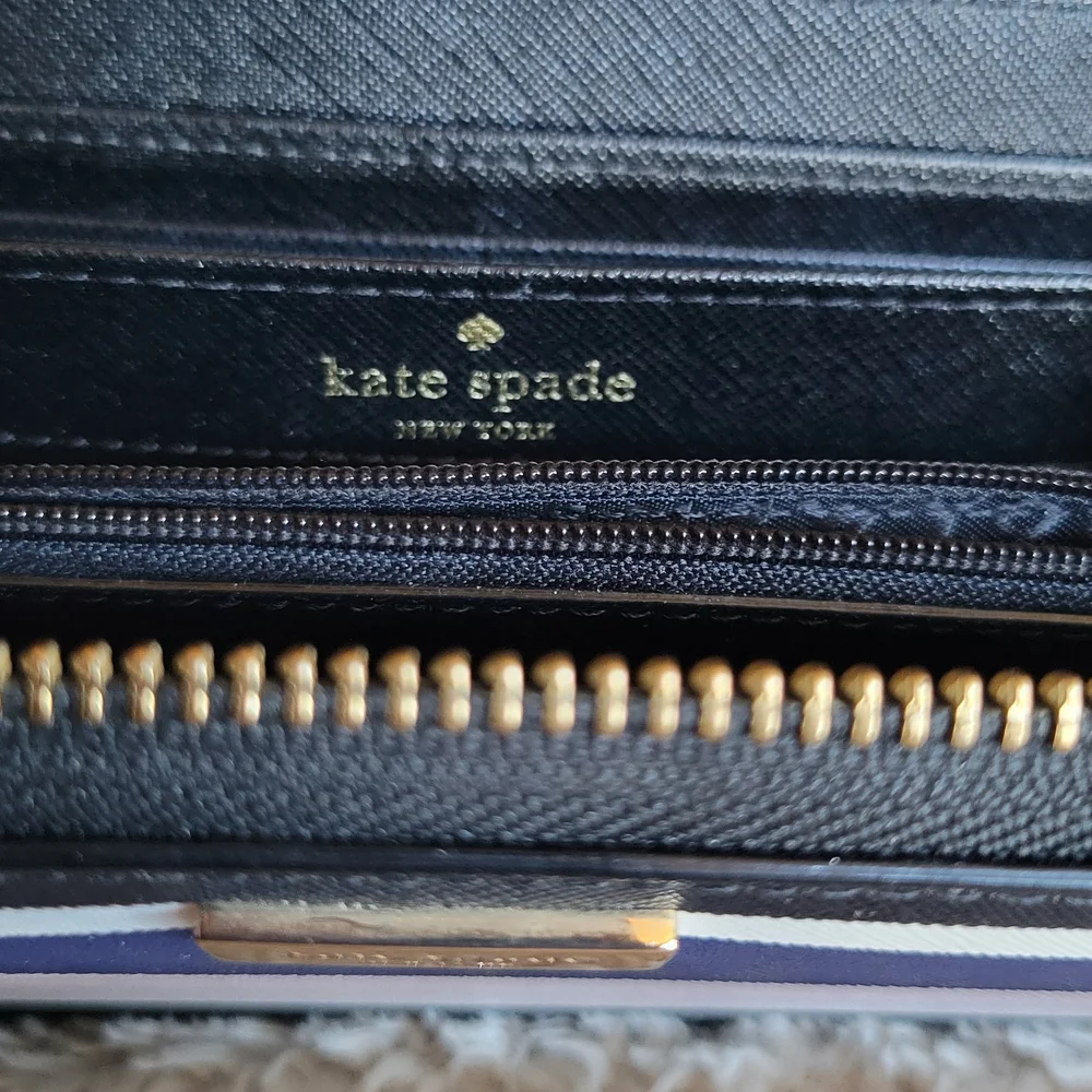 kate spade Black Navy Pink Stripe Zip Around Wallet